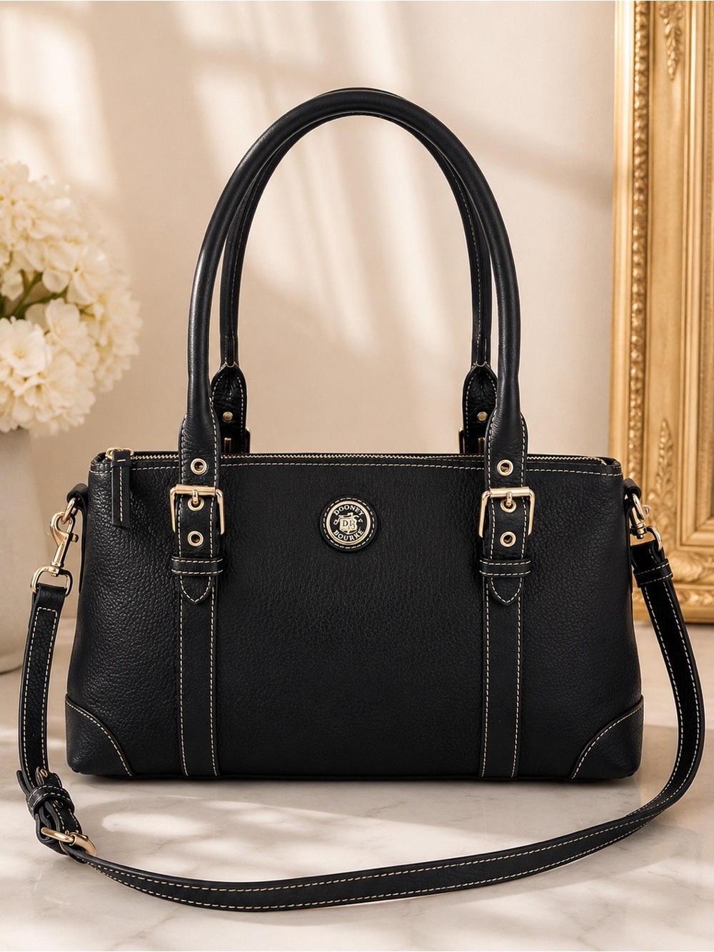 Dooney & Bourke Black Pebbled Leather Satchel Top Handle Crossbody Work Bag